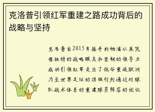 克洛普引领红军重建之路成功背后的战略与坚持